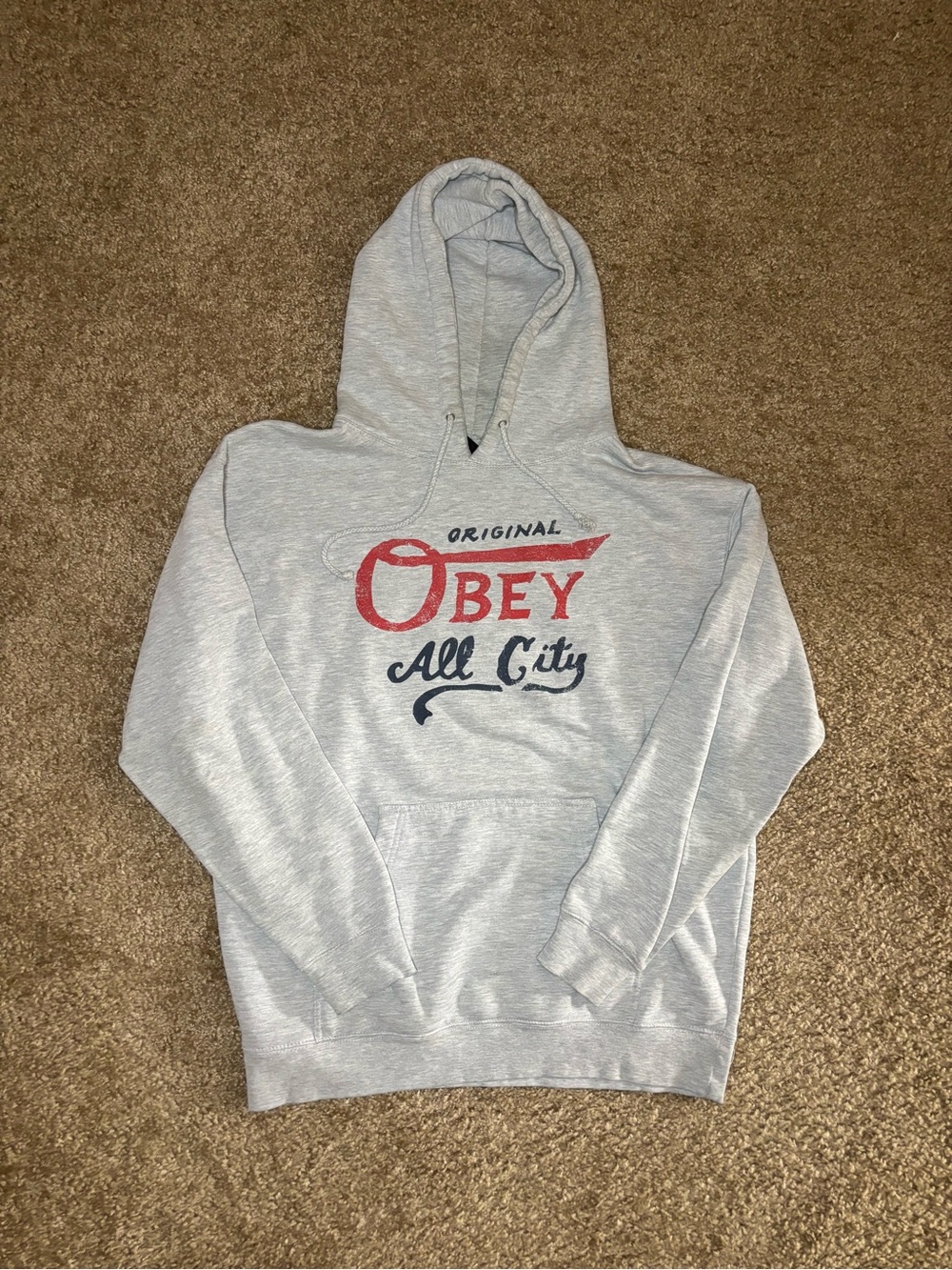Obey Light Gray Crewneck Hoodie with Red & Navy Logo